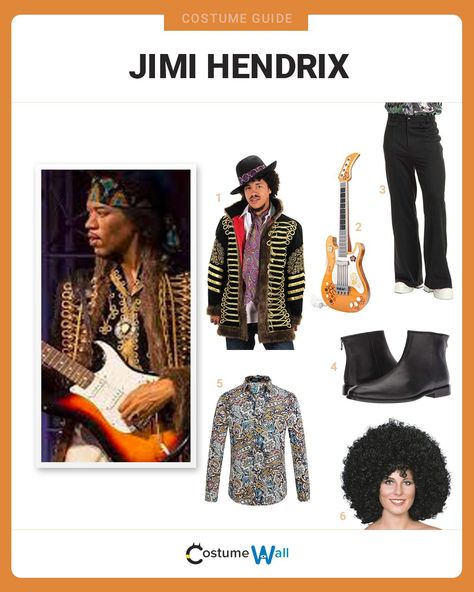 Shred some chords on stage dressed as Jimi Hendrix, the famous American guitarist. Jimmy Hendricks Costume, Jimmy Hendricks Outfit, Got Costumes, Paisley Print Shirt, Hippie Headbands, Bday Party Kids, Disco Pants, Paisley Shirt, Famous Americans