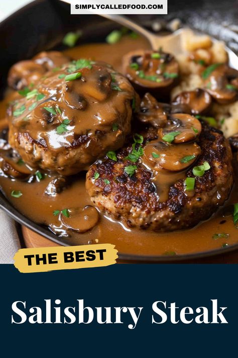 Choose the Salisbury Steak recipe for a quick and easy dinner. Suitable for any diet, it's a versatile entree for busy nights. This simple, homemade recipe can be made on a stove top, in a slow cooker, or a crock pot, offering a delicious alternative to regular hamburger meals. It's also great for those who love oven-baked dishes. Check out SimplyCalledFood.com for this Salisbury Steak recipe and other minced beef recipes. Quick Salisbury Steak Recipe, Salisbury Steak Recipe Easy Frozen Patties, Salisbury Steaks Easy, Salsbury Steak Recipe Using Hamburgers, Salsbury Steak Sides Dinners, Salisbury Steak Recipe Easy Oven, Salisbury Steak Oven, Salisbury Steak Recipe Easy Crock Pot, Salisbury Steak Recipe Easy Stove Top