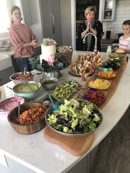 Taco Bar Baby Shower Ideas, Baby Shower Taco Bar, Taco Salad Bar, Cake With Succulents, Bar Taco, Pumpkin Seed Salad, Roasted Yams, Precious Friend, Wooden Serving Platter