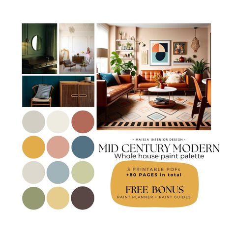 Explore Benjamin Moore's Color Palette tailored for MID CENTURY MODERN enthusiasts, offering a versatile selection of paint colors perfect for creating a cohesive whole house paint palette with coordinating hues, ideal for capturing the essence of midcentury modern design in your home. These colors have been hand selected by me to create a cohesive Paint Color Scheme that work perfectly together and will give your home a designer touch. Benjamin Moore offers an extensive range of paint colors, e Midcentury Modern Paint Colors, Mid Century Modern Paint Colors, Benjamin Moore Color Palette, Interior Design Mid Century Modern, Color Palette Benjamin Moore, Whole House Paint Palette, House Paint Palette, Mid Century Color Palette, Mid Century Modern Color Palette