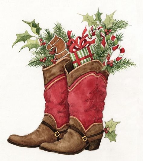 Country Christmas Cards, Southern Christmas, Horse Cards, Horse Fabric, Christmas Boots, Cowboy Christmas, Western Christmas, Christmas Drawing, Vintage Christmas Cards