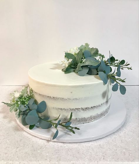 Cake Decorated With Eucalyptus, Simple White Cake With Greenery, Small Wedding Cake Eucalyptus, White Cake Eucalyptus, White Cake With Eucalyptus, One Tier Wedding Cake With Greenery, Eucalyptus On Cake, White Cake With Eucalyptus Leaves, One Tire Wedding Cake