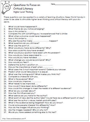 Really like these!!!! Questions for Critical Literacy: Some types of questions promote critical literacy more than other types of questions. Questions to stimulate thinking are often higher level types of questions. This list of questions can be used for comprehension and general use. Keep as Reference. High Order Thinking Questions, Critical Literacy, Critical Reading, Higher Level Thinking, Literacy Worksheets, Simple Questions, Higher Order Thinking, 5th Grade Reading, List Of Questions