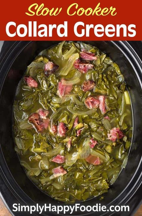 Slow Cooker Collard Greens are very easy to make and so delicious! This is a classic Southern food that is most often served with cornbread. Crock pot collard greens are a traditional New Years Day meal! crockpot collard greens recipe by simplyhappyfoodie.com Crock Pot Collard Greens, Collard Greens Recipe Southern, Slow Cooker Collard Greens, Collard Greens Recipe Soul Food, Crockpot Collard Greens, Easy Collard Greens Recipe, Greens Recipe Soul Food, New Years Day Meal, Simply Happy Foodie