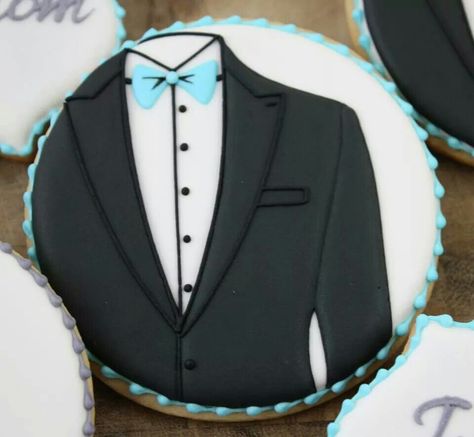 Tuxedo Cookies | The Hungry Hippopotamus Wedding Cookies Decorated, Onesie Cookies, Engagement Cookies, Wedding Cake Cookies, Shirt Cake, Cowboy Cookies, Man Cookies, Sugar Cookie Designs, Pretty Cookies