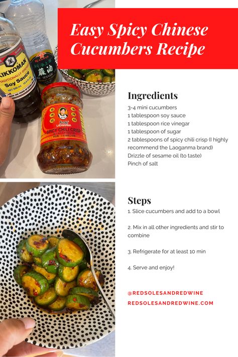 Easy Spicy Chinese Cucumbers Recipe - Red Soles and Red Wine Spicy Cucumber Recipes, Chinese Cucumber Salad Recipe, Chinese Cucumber Recipe, Healthy Spicy Snacks, Mini Cucumber Recipes, Cucumber Recipes Easy, Spicy Cucumbers, Chinese Cucumber Salad, Cholesterol Friendly Recipes