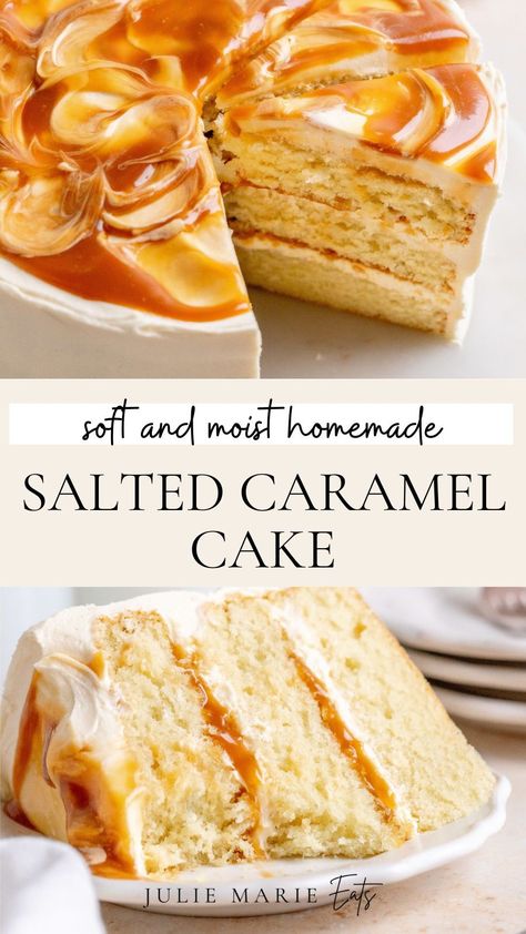 This salted caramel cake recipe is for any caramel lovers! This cake has a soft and moist vanilla cake layers, layered together with caramel buttercream and homemade salted caramel. It is the perfect dessert to serve as a birthday cake. Follow Julie Marie Eats for more homemade desserts recipes. Vanilla Salted Caramel Cake, Salted Caramel Icing Recipe, Salted Caramel Cake Decoration, Birthday Cake Caramel, Salted Caramel Layer Cake, One Layer Cake Recipe, Cool Cake Flavors, Cake Fillings For Vanilla Cake, Cake Recipes Caramel