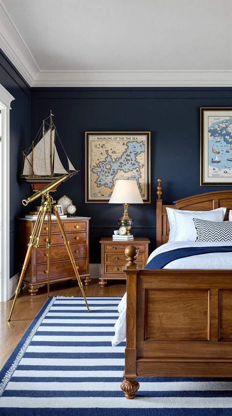 Coastal Master Bedroom Boat House Bedroom, Boat Theme Bedroom, Green Nautical Bedroom, Sailor Theme Room, Nautical Home Design, Nautical Lake House, Ship Inspired Interior Design, American Themed Bedroom, Marine Style Interior