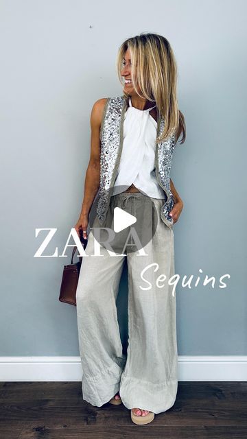 Abi Norman on Instagram: "Summer sequins…yay or nay?

I am a total sucker for sparkly things and I love the look of sequins and denim - the perfect combination of glam and casual✨

The one shoulder top & waistcoat are both @Zara and they will add a nice bit of interest to any outfit. I will link both in stories.

Jeans @urbanoutfitters - old 
Belt @hm - old
Tan shoulder bag - old

Linen top & trousers both @zara last year
Small tan bag @zara - current 

#zarastyle #zaraoutfit #zarawoman #summersequins #sequins #accessorise #glamorousoutfit #casualchic #casualstyle" Sequin Waistcoat Outfit, Zara Outfit 2024, Sequin Waistcoat, Zara Summer Outfits, Summer Sequins, Waistcoat Outfit, Zara Summer, Bag Zara, Glamorous Outfits