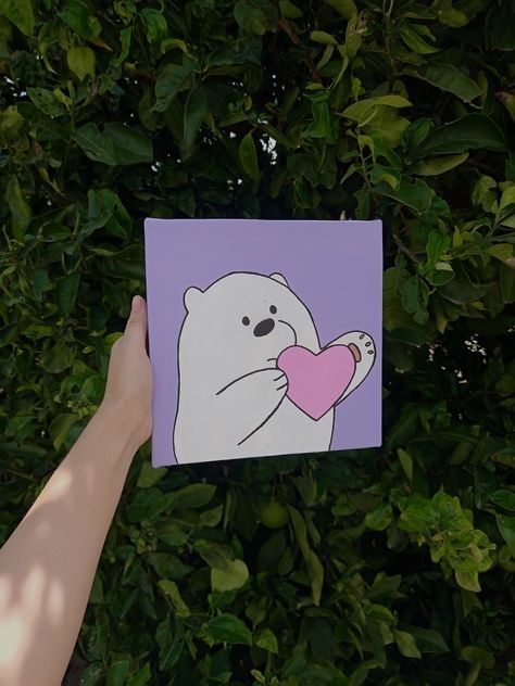 Easy Doodle Art On Canvas, Cute Paintings For Friends, Ice Bear Painting, Bear Paintings Easy, Cartoon Painting On Canvas, Laptop Pfp, Easy Bear Painting, Aesthetic Canvas Painting Easy, Aesthetic Mini Canvas Paintings