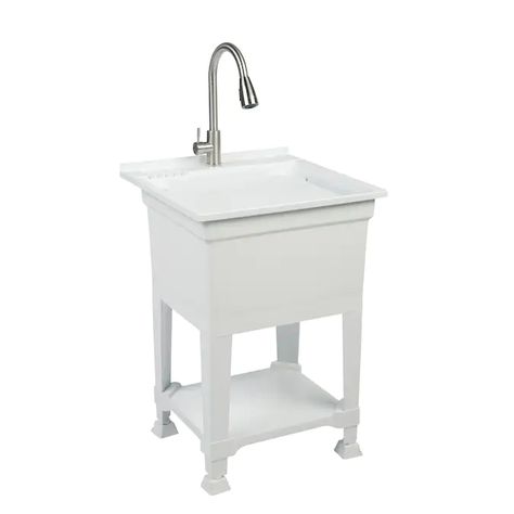 Project Source 24-in x 24-in 1-Basin White Freestanding Utility Tub with Drain and Faucet in the Utility Sinks department at Lowes.com Basin White, Laundry Tubs, Pull Out Faucet, Utility Sink, Laundry Sink, Glacier Bay, Basin Sink, Storage Shelves, Laundry Room