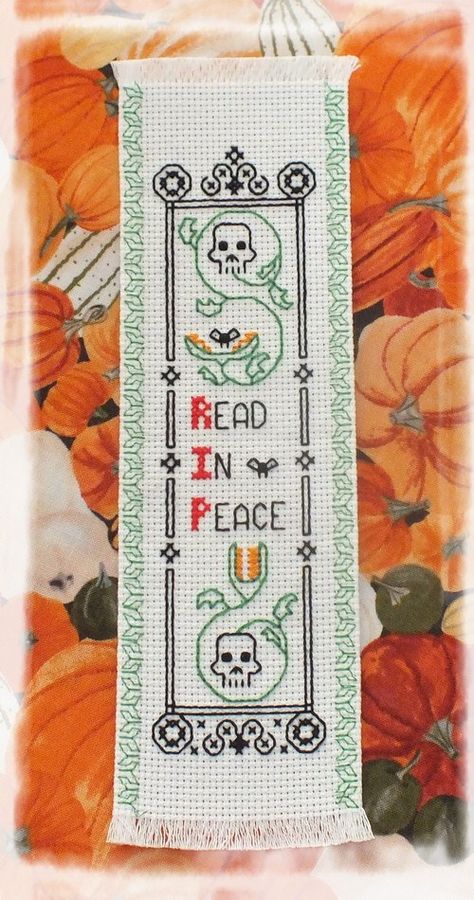 RIP Read In Peace cross stitch Halloween Bookmark Spooky Cross Stitch Bookmark, Peace Cross Stitch, Goth Crafts, Bookmarks Ideas, Cross Stitch Halloween, Halloween Box, Stitch Bookmark, Snitches Get Stitches, Book Marker