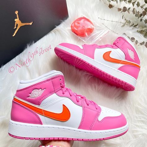 Pink And Orange Shoes, Pink Orange Jordans, Coral Pink Jordans, Air Jordan 1 Mid Gs Pinksicle, Air Jordan 1 Mid Pinksicle Orange, Pink Mid-top Jordan Shoes For Streetwear, Jordan 1 Pink, Pink Jordans, Pink Nike Shoes