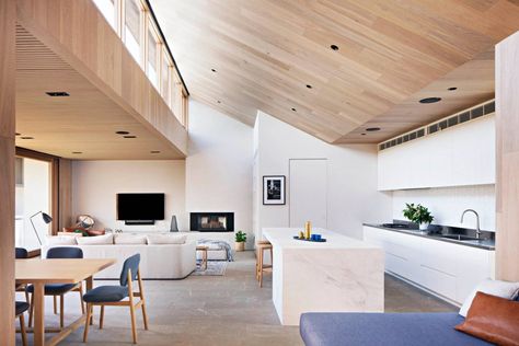 Barwon Heads Villa by Bower Architecture Skillion Roof, Wooden Ceiling, Australian Interior Design, Meal Preparation, Clerestory Windows, Interior Design Awards, Residential Architect, Beach Cottage Style, Architect House