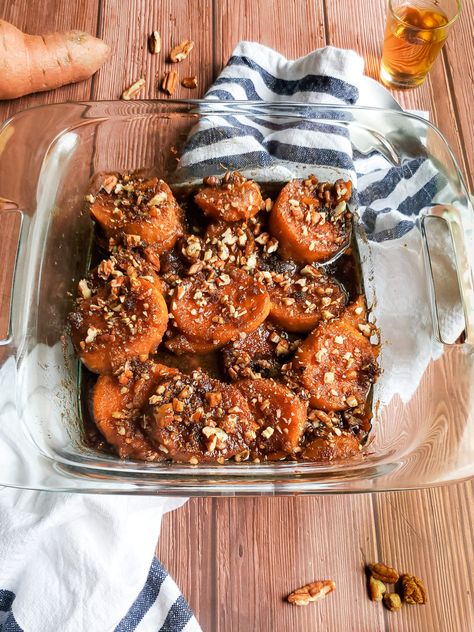 Bourbon-Spiked Candied Yams with Crushed Pecan Topping ‣ Bourbon Candied Yams, Bourbon Yams, Yams And Pecans, Yams With Pecans, Thanksgiving Yams, Veggie Side Dish, Candied Yams, Pecan Topping, Thanksgiving 2022