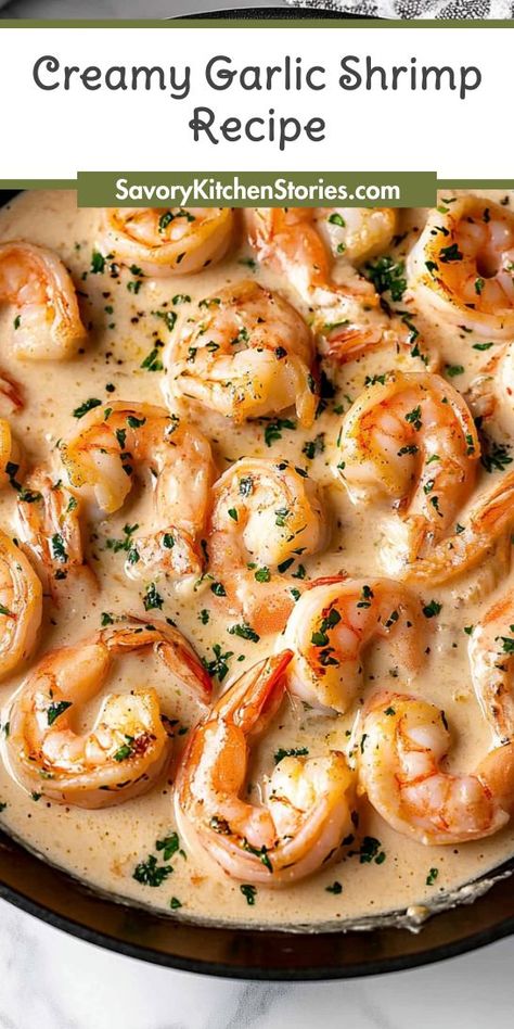 Want to elevate your weeknight dinners with a seafood twist? This creamy garlic shrimp recipe is both indulgent and incredibly easy to whip up! Perfect for any seafood lover, it’s a must-try. Be sure to save this for your future dinner inspiration! One Pot Creamy Garlic Shrimp, White Sauce Shrimp, Creamy Shrimp Recipes With Rice, Garlic Chicken And Shrimp Recipes, Creamy Garlic Parmesan Shrimp Pasta, Shrimp Steak Topping, Creamy Garlic Shrimp Linguine Recipe, Shrimp And Mozzarella Recipes, Creamy Shrimp And Spinach Pasta