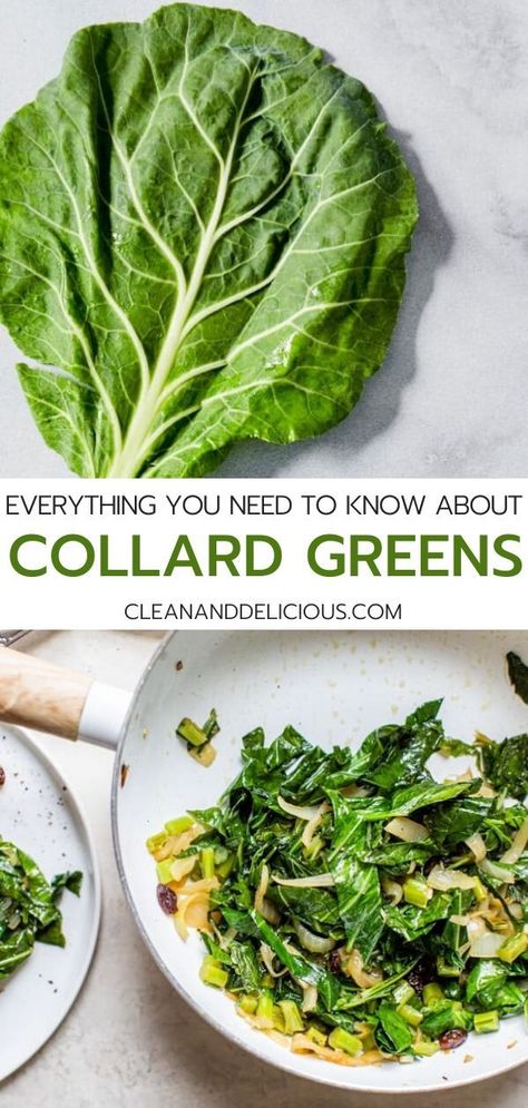 Everything to know about Collard Greens! Learn how to clean, how to cook and more - plus get several easy and healthy recipes! Collards can be braised, steamed, sautéed or stir-fried, and can also be eaten raw. They are a powerful, plant-based source of calcium, which is especially great for anyone on a vegetarian or vegan diet. Watch the video to get all the info! #meal #collardgreens #veggies #healthrecipe #cleaneating How To Cook Fresh Collard Greens, Steamed Collard Greens, How To Clean Collard Greens, Collard Greens Recipe Healthy, Cook Collard Greens, How To Cook Collards, Collard Greens Salad, Black Thanksgiving, Leafy Greens Recipes