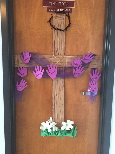 Lent Preschool Crafts, Easter Bulletin Boards For Church Kids, Christian Easter Door Decorations, Lent Classroom Door, Toddler Sunday School Room Decor, Easter Sunday School Bulletin Board, Lent Door Decorations Classroom, Christian Easter Door Decorations Classroom, Preschool Easter Bulletin Boards