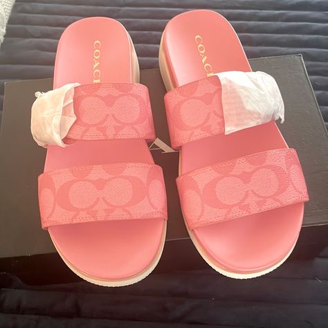 Coach Gwen Sig Sandal Size 8 Pink Girly Shoes, Pink Coach Slides, Sandals For Wide Feet For Women, Designer Tennis Shoes, Outfits With Sandals, Girly Sandals, Coach Slides, Designer Things