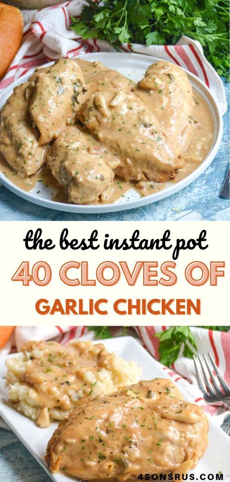 Instant Pot 40 cloves of garlic chicken is a creamy and flavorful way to enjoy chicken over pasta or rice. You can serve this flavor packed pressure cooker chicken any night of the week because it is ready with almost no work. Instant Pot Garlic Chicken, 40 Clove Garlic Chicken Instant Pot, 40 Clove Garlic Chicken, Garlic Sauce For Chicken, Creamy Garlic Chicken, Pressure Cooker Chicken, Garlic Chicken, Instant Pot Dinner Recipes, Instant Pot Chicken