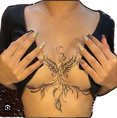 Chest Sternum Tattoo Female, Ladies Chest Tattoo Ideas, Chest Tatoos Woman, Underboob Tattoos For Women Unique, Pretty Sternum Tattoo, Tattoo Below Breast, Tattoo Around Breast, Tigh Tattoo Woman, Simple Chest Tattoos Female