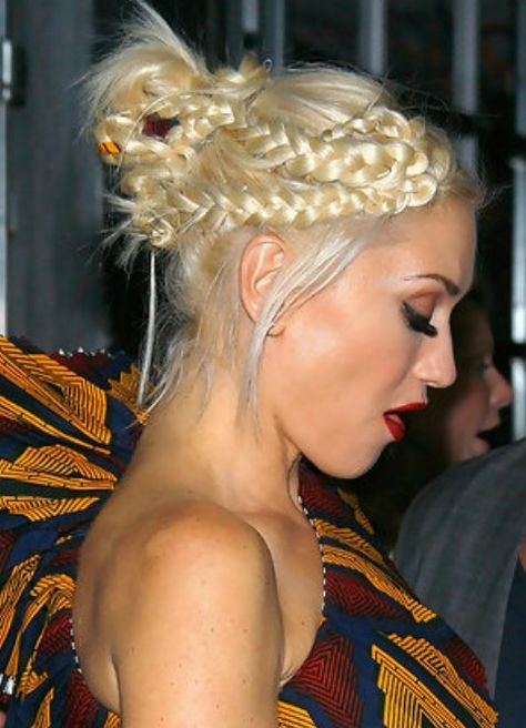 Gwen Stefani Long Hairstyle: Braided Bun Trenzas Updo, Braided Halo Hairstyle, Gwen Stefani Hair, Twisted Hair, Messy Braids, Braided Bun Hairstyles, Cute Braided Hairstyles, Edgy Chic, Kate Bosworth