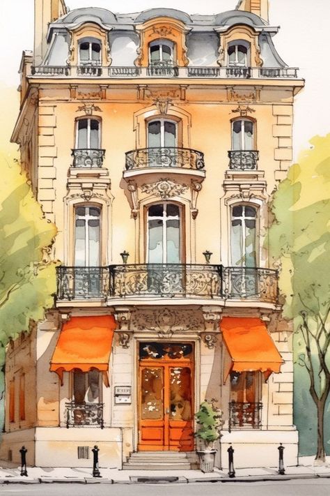 Parisian Brownstone, Buildings In France, Detailed Drawings Architecture, Watercolor Art Buildings, Parisian House Exterior, Watercolor Art Architecture, Brownstone Exterior, Watercolor Building, Parisian Buildings