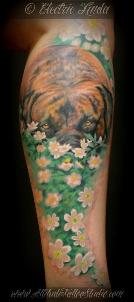 Tattoo. A brindle dog Latin in flowers Brindle Dog Tattoo, Brindle Dog, Floral Tattoos, Awesome Tattoos, Dog Tattoo, Dog Tattoos, Tattoo Inspo, Tattoos And Piercings, Drawing Inspiration