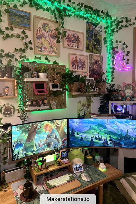 Gaming Setup Green And Purple Gaming Setup, Mushroom Asethic, Green And Pink Gaming Setup, Plant Gaming Room, Cozy Gaming Setup Green, Green Gamer Setup, Green And White Gaming Setup, Dark Green Gaming Setup, Aesthetic Set Up