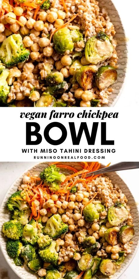 Farro Bowl Recipe, Chickpeas Broccoli, Farro Bowl, Chickpea Bowl, Miso Tahini, Farro Recipes, Healthy Bowls Recipes, Vegan Chickpea, Healthy Bowls