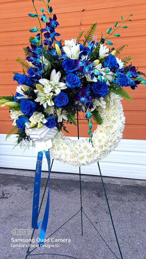 Wreaths For Funerals, Flowers Arrangements Ideas, Satin Flowers Diy, Blue Flower Arrangements, Bell Decor, Diy Floral Wreath, Casket Sprays, Grave Decorations, Church Flower Arrangements