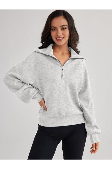 Elevate your everyday look with this effortlessly chic outfit. Pair a soft gray pullover with sleek black leggings for a comfortable yet stylish ensemble perfect for lounging or running errands. Ideal for those who want to look effortlessly put together without compromising on fashion. . #CozyChic #CasualStyle #FashionInspo #EffortlessStyle #ChicLook Womens Oversized Sweatshirts, Grey Quarter Zip, Girls Fall, Effortlessly Chic Outfits, Zip Hoodies, Y2k Clothes, Half Zip Sweatshirt, Grey Pullover, Half Zip Pullover