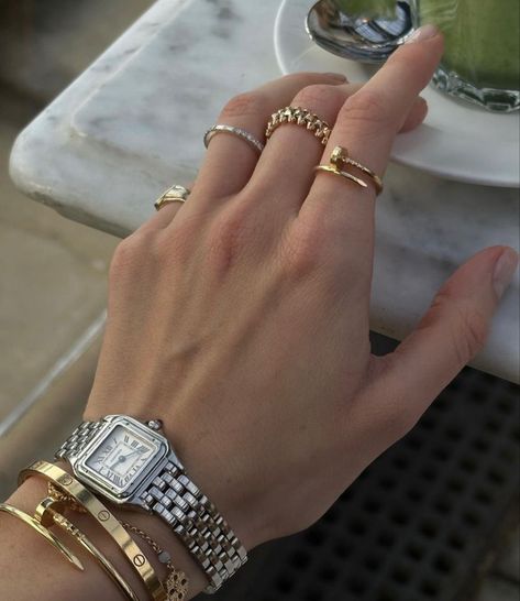 Cartier Watches Women, Wrist Stacks, Cartier Panthere, Wrist Jewelry, Luxe Jewelry, Cartier Tank, Cartier Jewelry, Cartier Watch, Luxury Purses