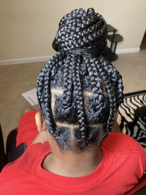 Jumbo knotless in a bun @braidssbyvon Large Knotless Box Braids In A Bun, Jumbo Knotless Box Braids In A Bun, Box Braids Top Knot Bun, Messy Bun Knotless Box Braids Tutorial, How To Put Your Knotless Braids In A Bun, Knotless Box Braids In A Bun, Box Braids Bun, Victoria Secret Body Spray, Chunky Braids