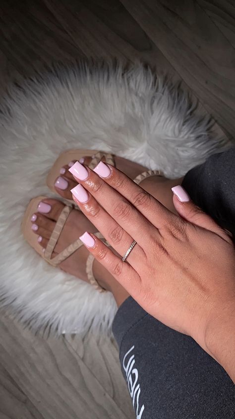 Pink Toes And Nails, Acrylic Overlay Nails Chrome, Acrylic Overlay Pedicure, Basic Overlay Nails, Nails With Matching Toes, Shirt Square Acrylic Nails, Acrylic Overlay On Toes, Acrylic With Gel Overlay, Short Acrylic Overlay