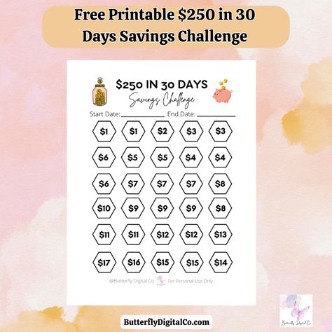 Free $250 in 30 Days Savings Challenge - Butterfly Digital Co. 30 Day Savings Challenge, Saving Plan, Savings Goals, Money Saving Plan, Saving Goals, Savings Plan, Resource Library, Start Saving, Challenge Me