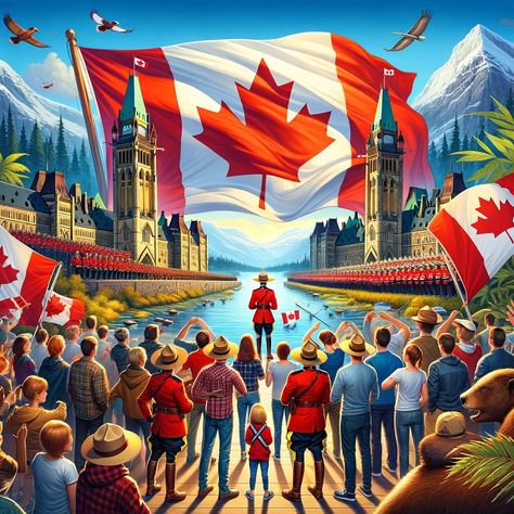 "Ode to the North: Canada's Heartbeat" is a digital tapestry that embodies the vibrant soul of Canada. This artwork is a visual symphony that sings 'Oh Canada' through its bold and spirited composition. It features a diverse group of Canadians, united by patriotism, with hands over hearts, gazing towards the glorious Canadian flag. The backdrop is a mosaic of Canada's most cherished symbols: the stately Parliament Buildings, an intense hockey match, the iconic Mounties, and the pristine wilderne Canadian Flag Art, Canada Culture, Canada Decor, Beard Logo, Canadian Things, Canada Pictures, Oh Canada, Canadian Culture, America Girl