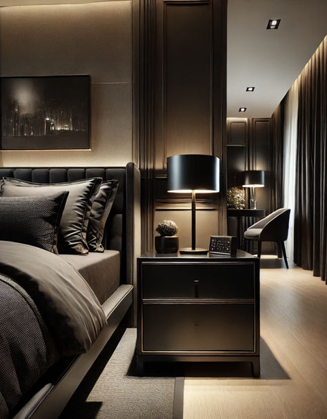 Bedroom with Black Furniture nightstand Bedroom With Black Furniture, Dark Minimalist Bedroom, Bedroom Mid Century Modern, Fluted Side Table, Bedroom Mid Century, Tall Nightstand, Elegant Bedroom Design, Tall Nightstands, Black Nightstand