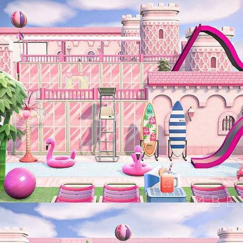 Acnh Cute Builds, Barbie Acnh, Acnh Barbie Island, Animal Crossing Barbie, Pink Island, House Clothes, Barbie Dream, Barbie Dream House, Barbie House