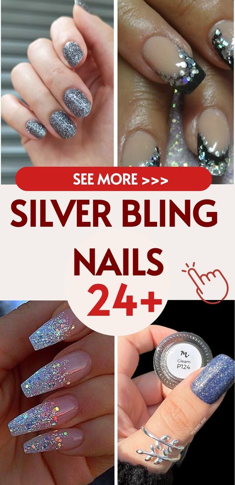 Acrylic Nail Designs With Sparkle, Sparkly Silver Nails Acrylic, Silver And Pink Nail Designs, Silver Nail Art Glitter, 60th Birthday Nail Designs, Platinum Nail Designs, Glitter Nail Art Designs Sparkle, Glitter Accent Nails Ideas, Silver Nail Ideas For Prom