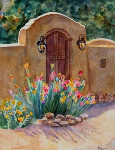 Mexico Inspired Paintings, Santa Fe Landscape Paintings, Santa Fe Paintings, Mexican Landscape Art, Mexican Landscape Painting, New Mexico Paintings, Pueblo Paintings, Mexican Paintings Ideas, Adobe Paintings