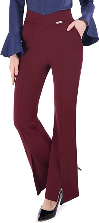 PUWEER Womens Flare Dress Pants Business Casual Crossover High Waisted Dress Slacks for Women Split Leg Work Pants with Pockets, Burgundy, Large at Amazon Women’s Clothing store Dress Slacks For Women, Dressy Business Casual, Slacks Outfit, Pants Business Casual, Women's Dress Pants, High Waisted Dress, Flare Dress Pants, Slacks For Women, Business Pants