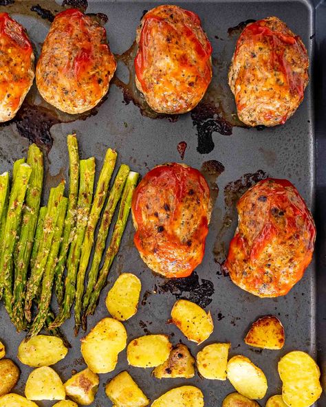 Sheet Pan Turkey Meatloaf, Mini Turkey Meatloaf, Turkey Loaf, Easy Sheet Pan Dinner, Potatoes And Asparagus, Easy Sheet Pan Dinners, Turkey Meatloaf, Cooking Thermometer, Carrots And Potatoes