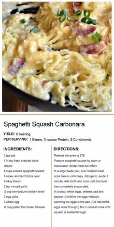 Spaghetti Squash Carbonara, Squash Carbonara, Medifast Recipes, Lean Protein Meals, Lean And Green, Lean Meals, Lean And Green Meals, Spaghetti Squash Recipes, Low Sodium Chicken Broth