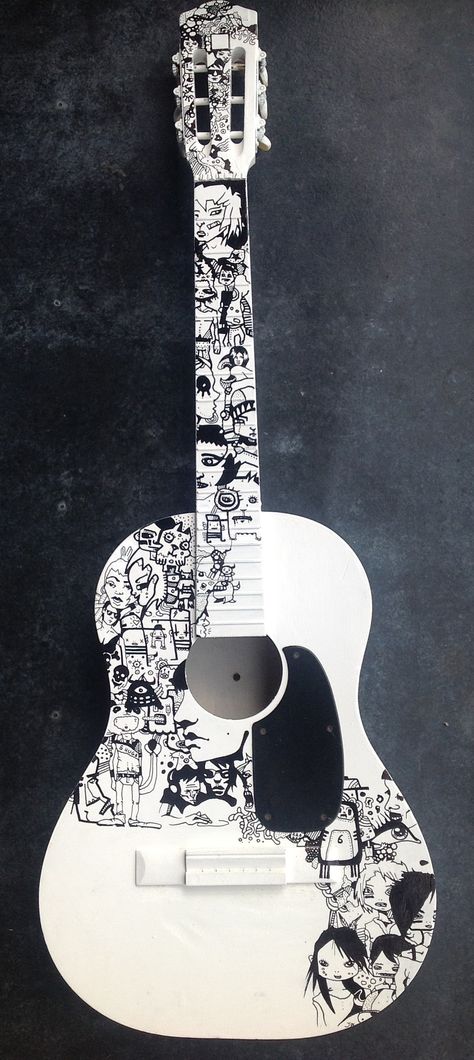 decorated guitar for  www.sixhugsandrocknroll.be Guitar Art Diy, Arte Do Ukulele, Acoustic Guitar Art, Electric Guitar Art, Custom Acoustic Guitars, Guitar Illustration, Art Guitar, Guitar Lessons Songs, Art Musical