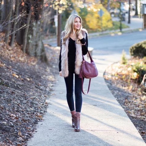 Fall/Winter Pink Fur Vest Outfit, Faux Vest Outfit, Faux Fur Vest Outfit Winter, Outfit With Fur Vest, Faux Fur Gilet Outfit, Fur Vest Outfit Fall, Fur Gilet Outfit, Faux Fur Vest Outfit, Pink Vest Outfit