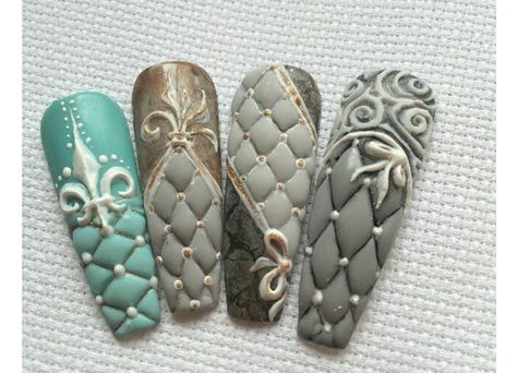 Tufted Nails, Quilted Nails Designs, Cushion Nails, Quilt Nails, Quilted Nails, Vintage Nails, Creative Nail Designs, Nails Desing, Acrylic Nail Art