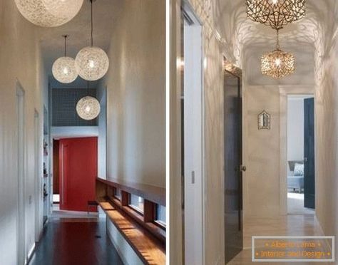 Simple design of a narrow corridor with pendant lights Small Hallway Lighting, Narrow Corridor, Hallway Ceiling Light Fixtures, Hall Lights, Hallway Pendant Lighting, Hallway Ceiling Lights, Hallway Ceiling, Hallway Light Fixtures, Narrow Entryway