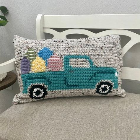 Easter Crochet Pillow, Easter Crochet Blanket, Truck Crochet Pattern, Truck Crochet, Crochet Patchwork Blanket, Blanket Fringe, Easter Pattern, Easter Vintage, Patch Pillow