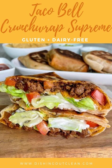 The cult favorite Crunchwrap Supreme gets a gluten-free and dairy-free makeover by Dishing Out Clean Crunch Wrap Supreme Recipe, Dairy Free Tacos, Taco Bell Crunchwrap Supreme, Dairy Free Queso, Taco Bell Crunchwrap, Taco Bell Recipes, Gluten Free Tacos, Crunchwrap Supreme, Crunch Wrap